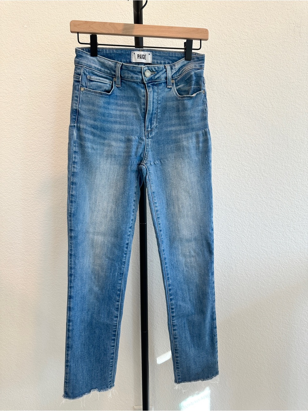 Paige Hoxton Slim Jeans Size 27 High Rise Raw Hem Stretch Light Wash Denim